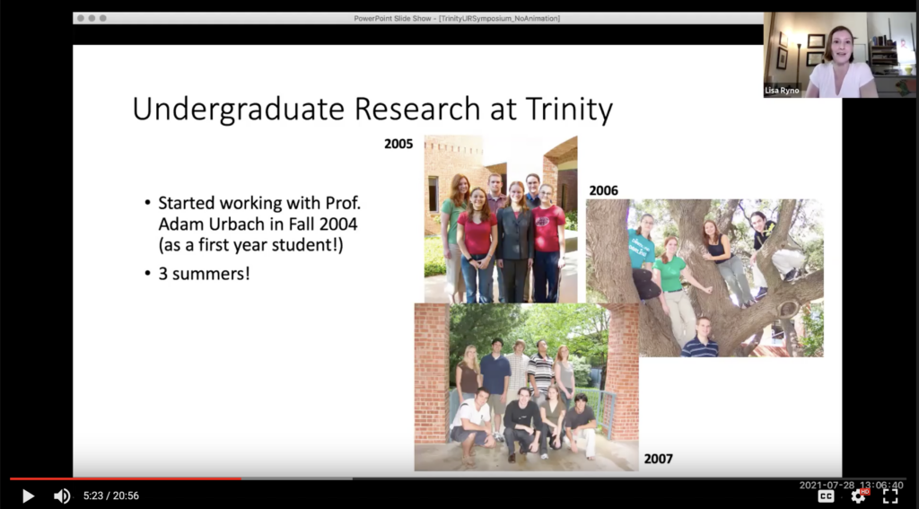 screen shot of powerpoint presentation "Undergraduate Research at Trinity" slide with photos of a lab group.